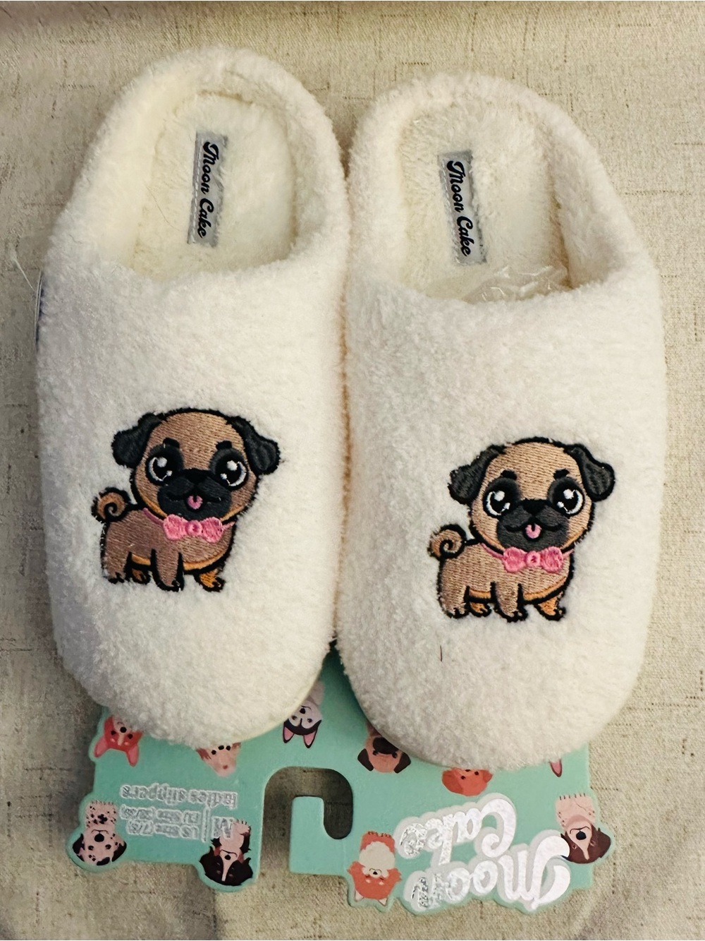 Cream Fuzzy Slippers with Cute Pug Embroidery